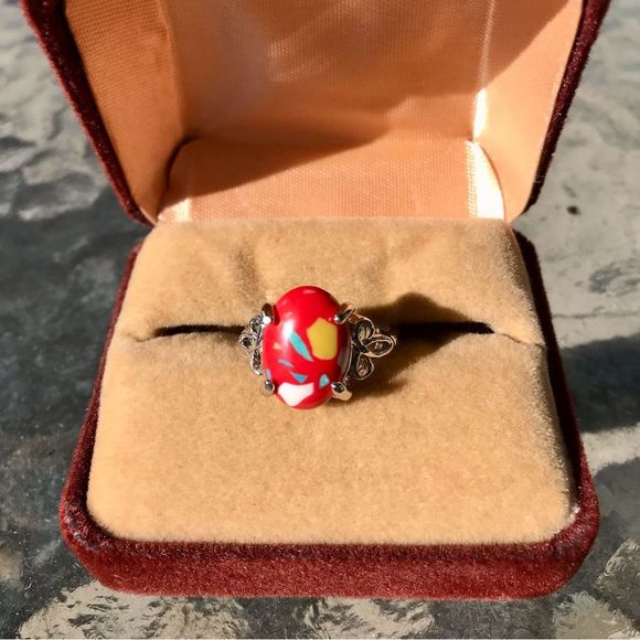 Red Coral Ring with Silver Toned Setting & Band - Picture 2 of 7